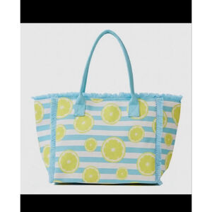 Lemon Sliced Striped Large Fringe Tote Blue & Yellow